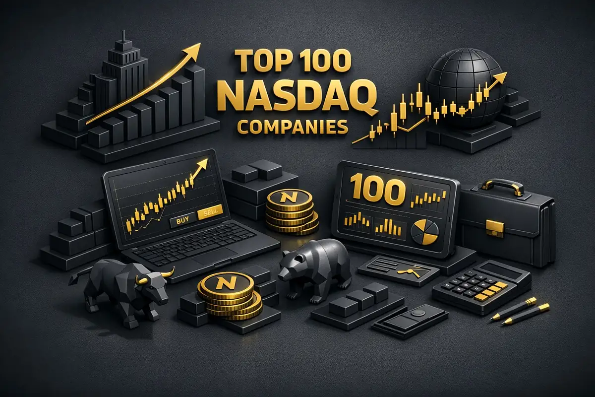 3D dark scene with gold bull, bear, charts and laptop for top 100 Nasdaq companies