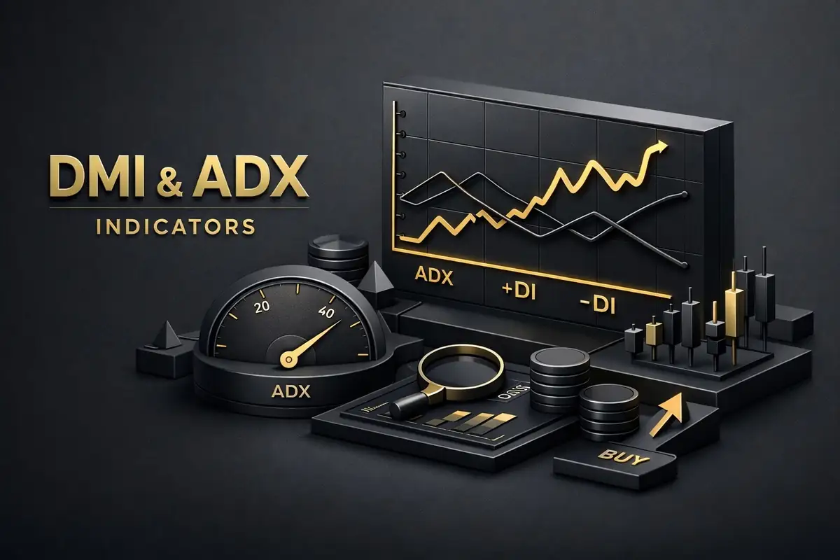Black chart plotting ADX, +DI and -DI lines beside a gauge for DMI indicator analysis