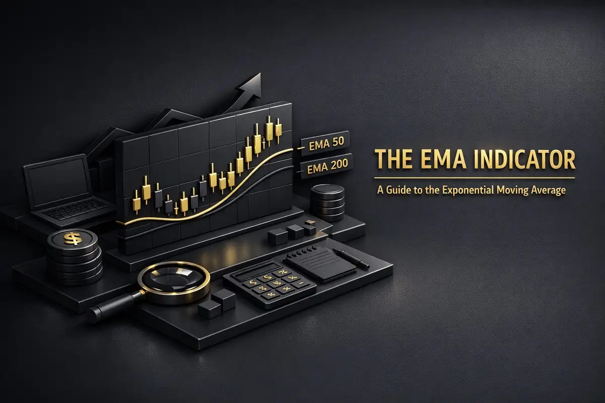 Candlestick chart with EMA 50 and EMA 200 moving average lines on dark trading display