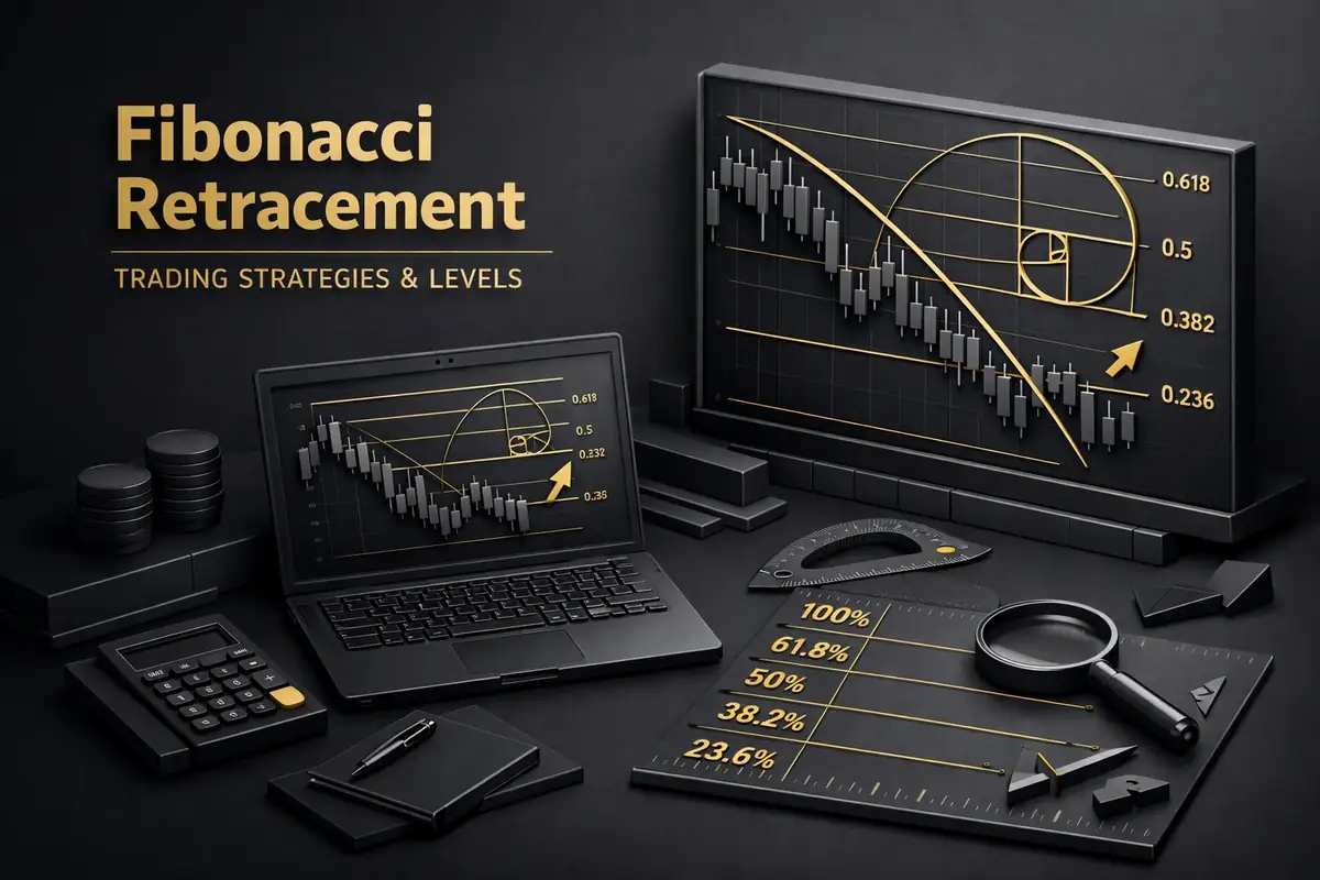 Dark desk with laptop and monitor showing Fibonacci retracement golden spiral and 0.618 to 0.236 levels