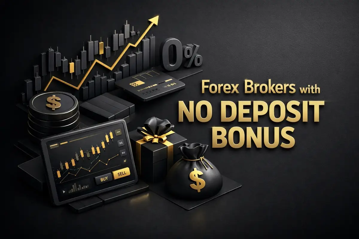 Black tablet trading screen, gift box, money bags and 0% sign for forex brokers no deposit bonus