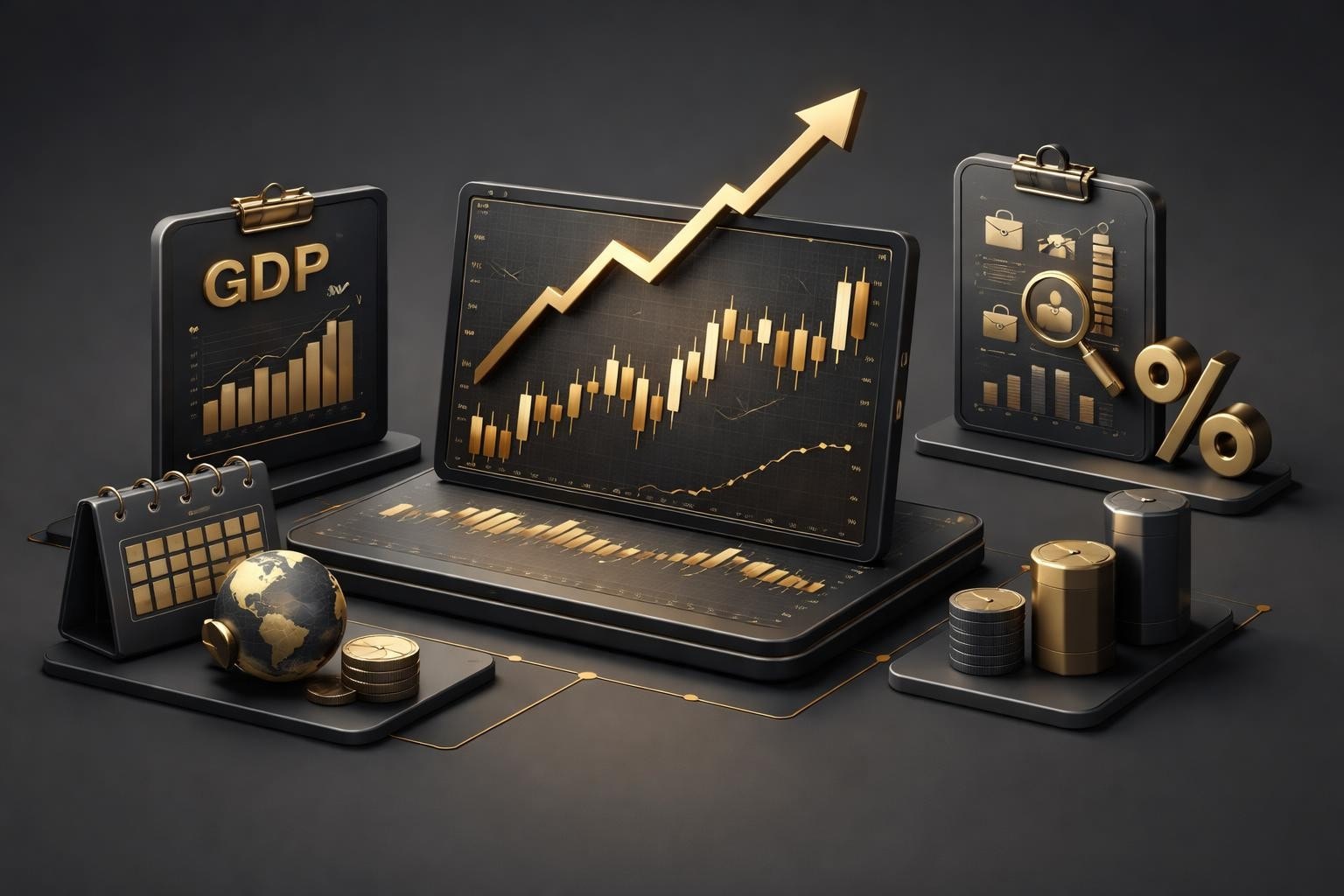 Tablet candlestick chart with GDP boards and calendar showing fundamental indicators for forex trading