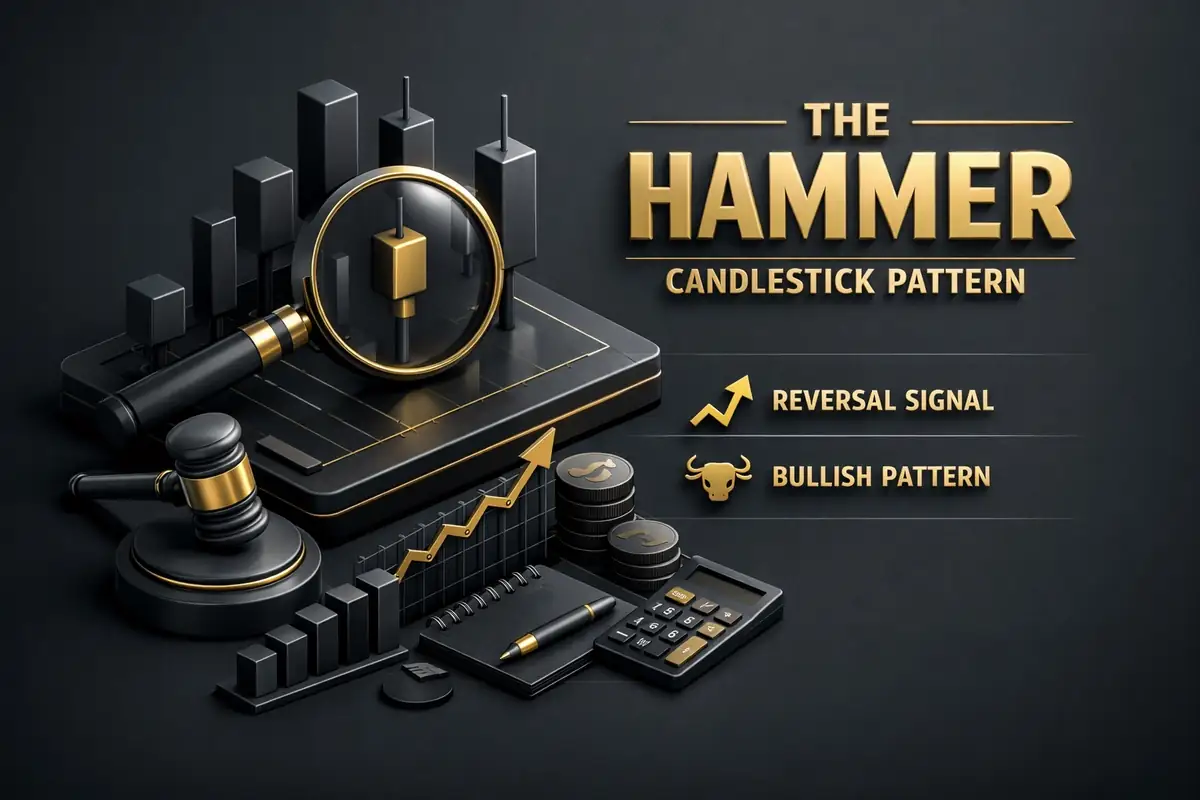 Magnified hammer candlestick pattern on a chart with a gold mallet, buy ticket and notepad