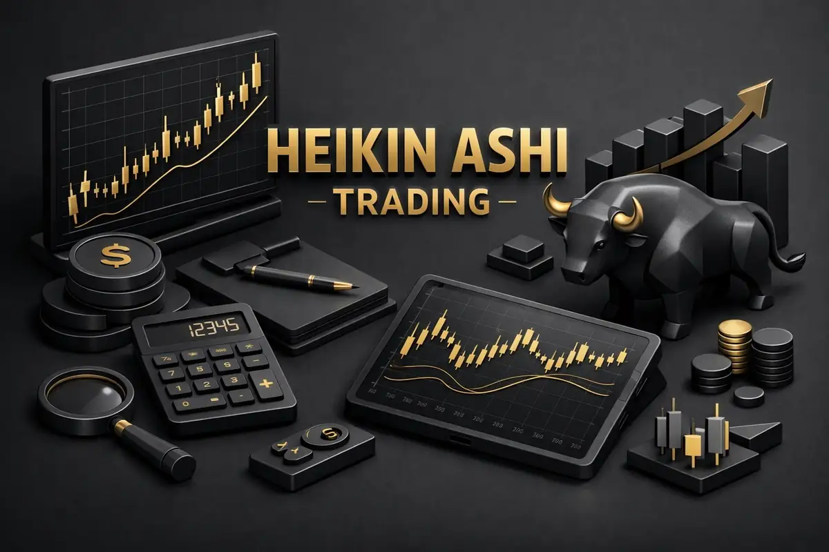 Dark 3D desk with Heikin Ashi candlestick charts on screens, gold bull, calculator and coins
