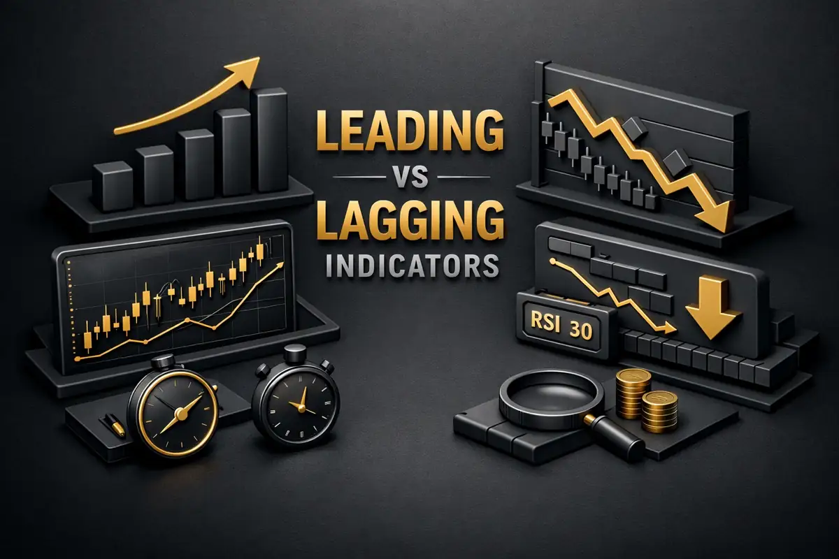 3D charts contrasting rising and falling trends with RSI gauge, comparing leading vs lagging indicators