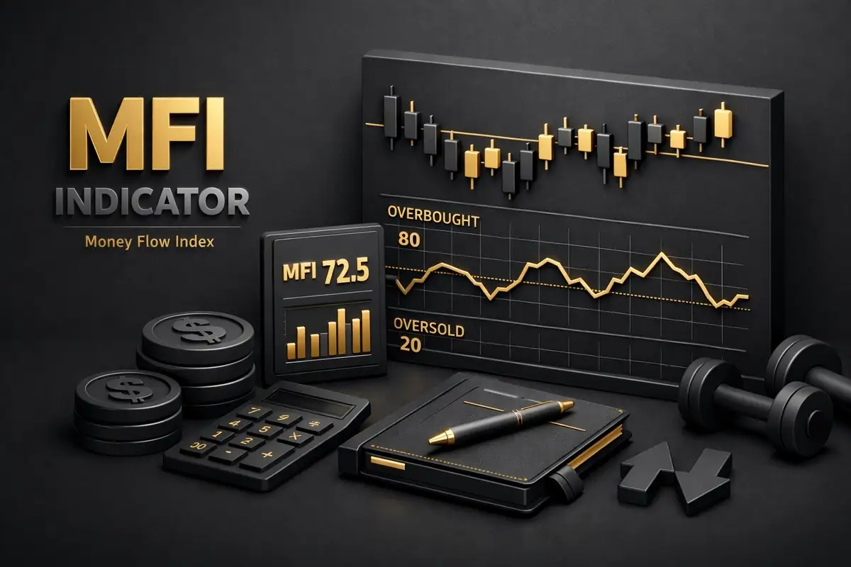 MFI indicator panel showing Money Flow Index overbought and oversold lines with candlestick chart