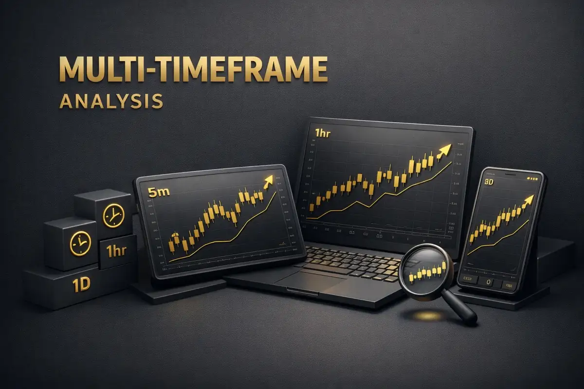 Laptop, tablet and phone displaying 5m, 1hr and 1D candlestick charts for multi timeframe analysis