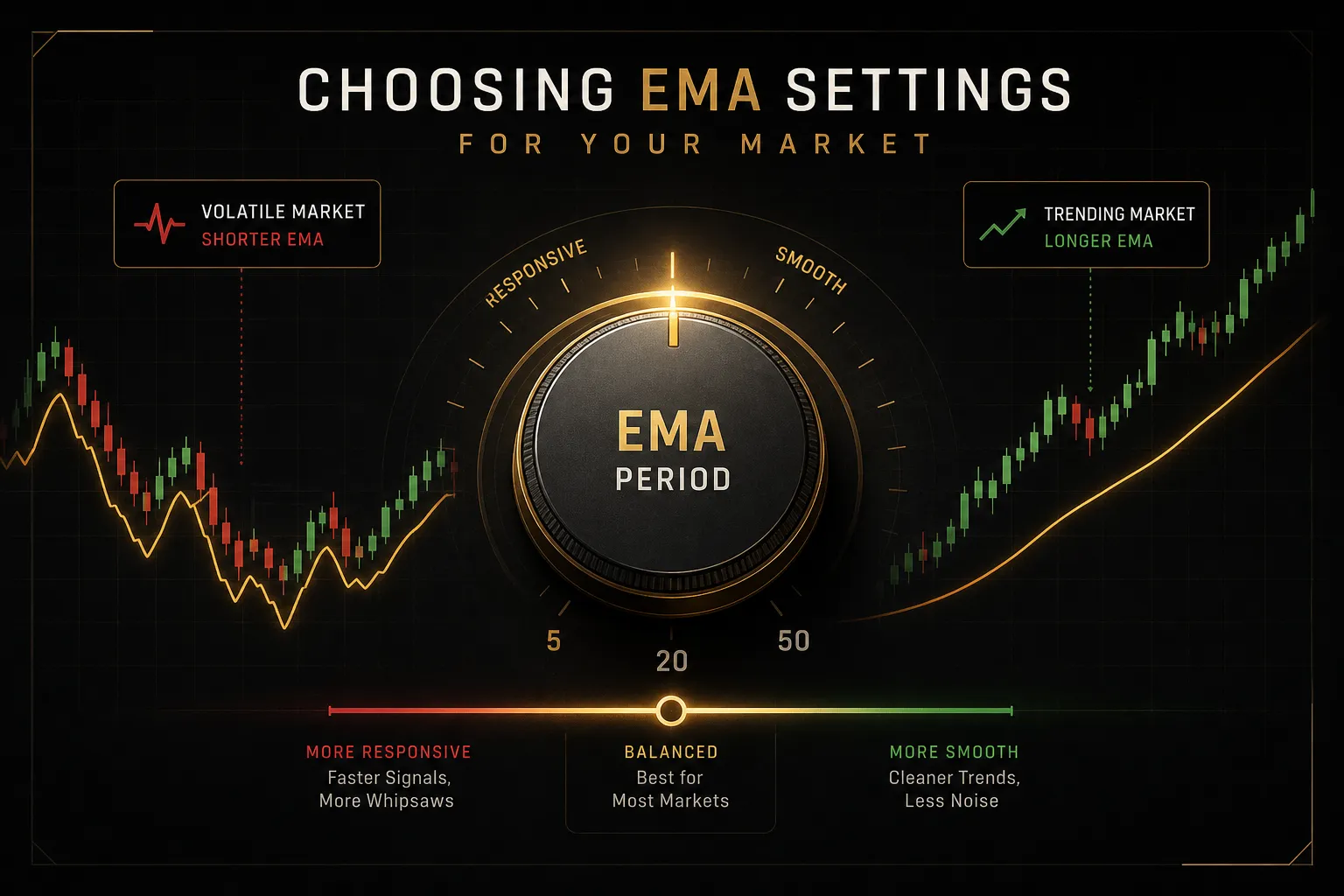 EMA indicator settings comparison chart showing different periods applied across various market timeframes and trends