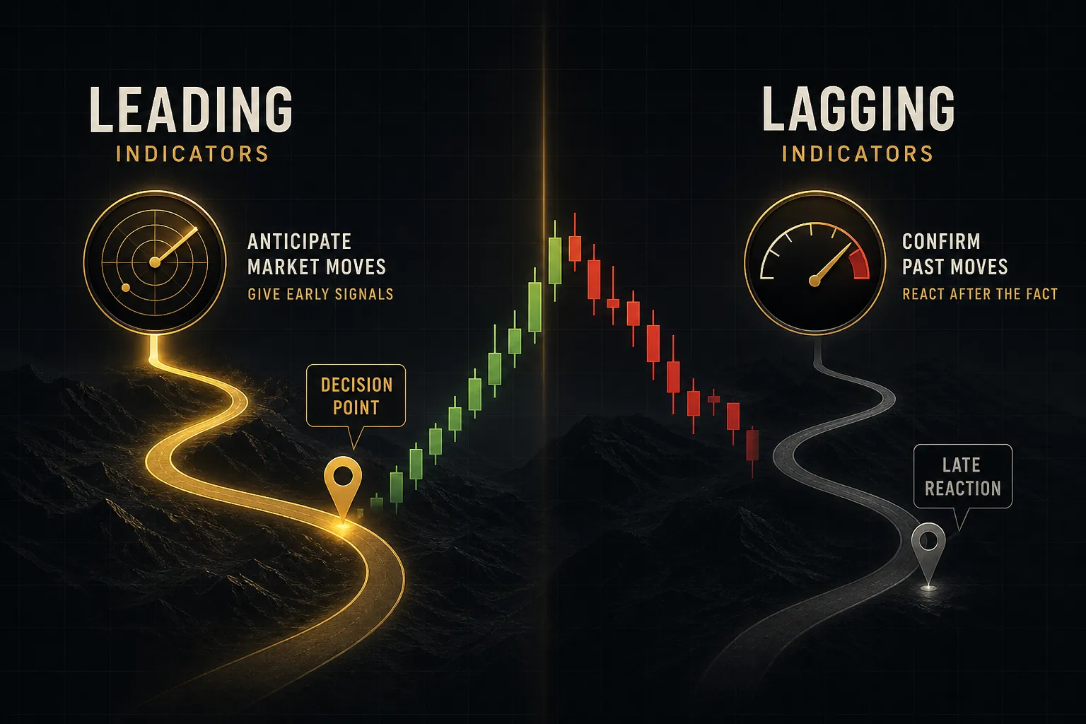 Diagram comparing leading vs lagging indicators showing predictive signals versus outcome-based performance metrics