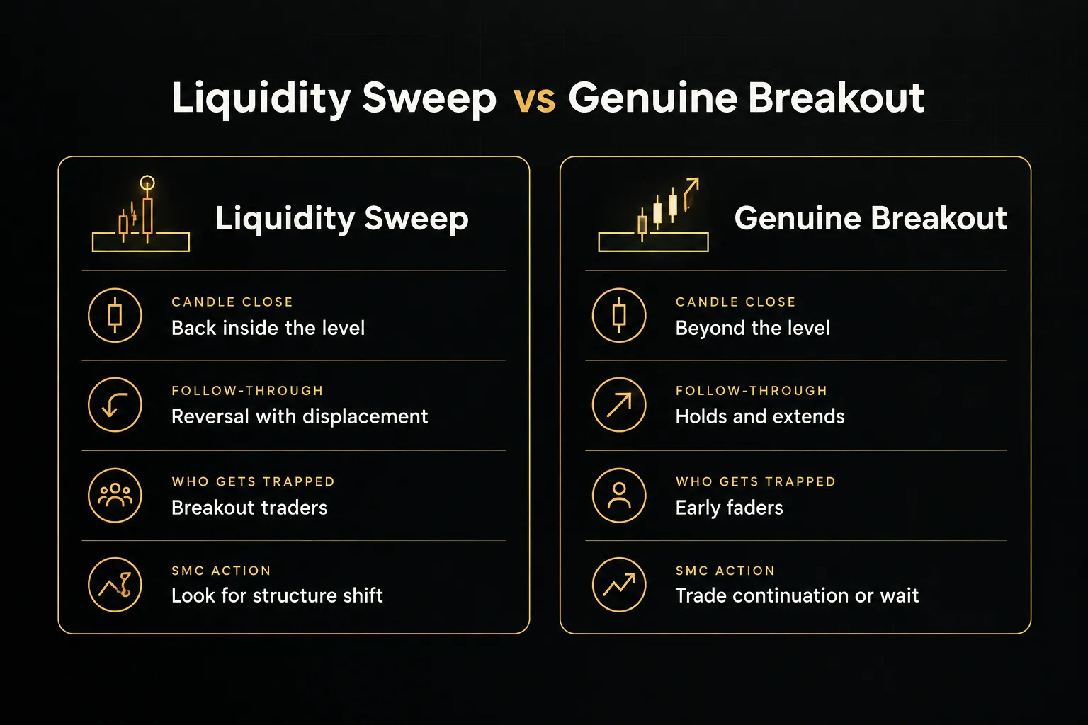 Comparison table, Liquidity Sweep vs Genuine Breakout. Candle close, Liquidity Sweep: Back inside the level; Genuine…