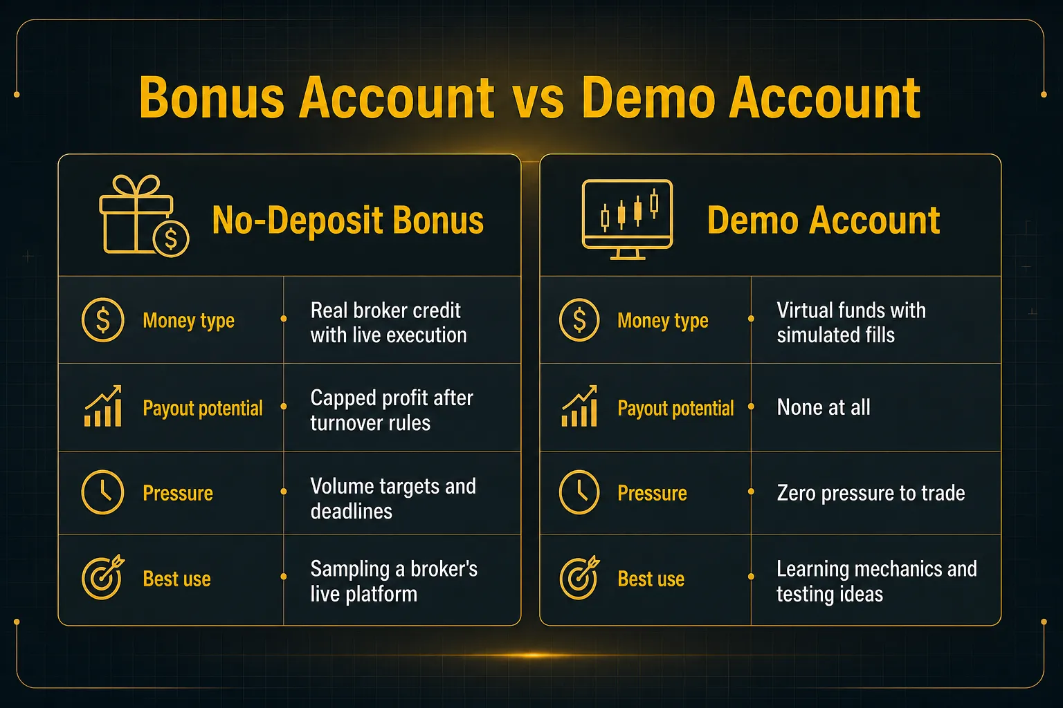 Comparison table, Bonus Account vs Demo Account. Money type, No-Deposit Bonus: Real broker credit with live execution; Demo Account: Virtual funds with simulated fills. Payout potential, No-Deposit Bonus: Capped profit after turnover rules; Demo Account: None at all. Pressure, No-Deposit Bonus: Volume targets and deadlines; Demo Account: Zero pressure to trade. Best use, No-Deposit Bonus: Sampling a broker