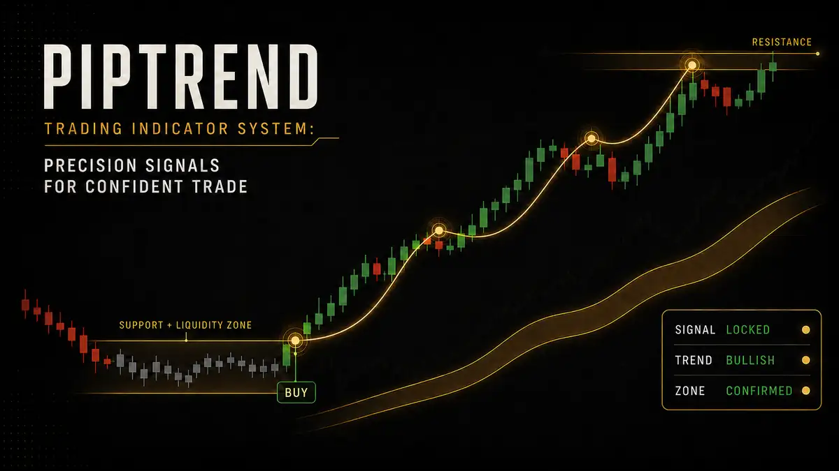 PipTrend chart showing gray candles in a support and liquidity zone before a locked buy signal begins a green uptrend toward