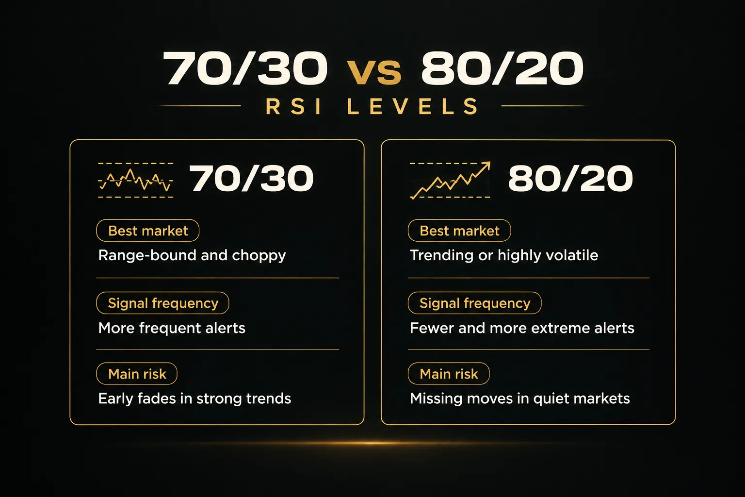 Comparison table, 70/30 vs 80/20 RSI Levels. Best market, 70/30: Range-bound and choppy; 80/20: Trending or highly…