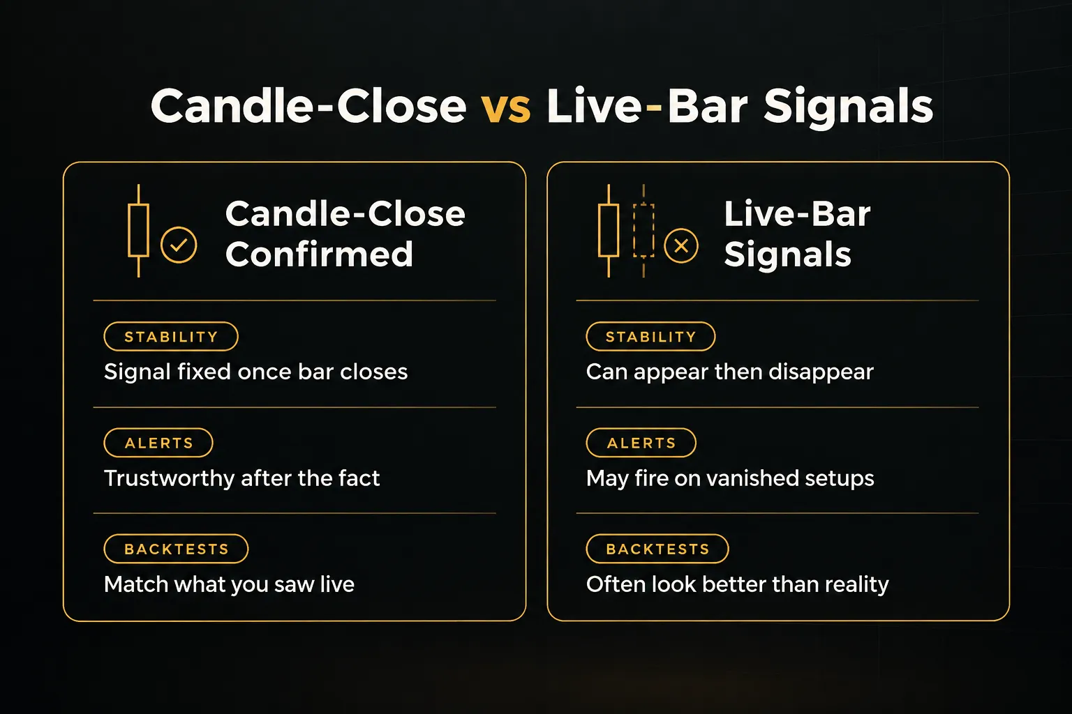 Comparison table, Candle-Close vs Live-Bar Signals. Stability, Candle-Close Confirmed: Signal fixed once bar closes…