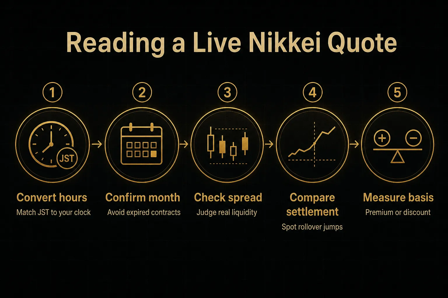Step-by-step diagram, Reading a Live Nikkei Quote. 1. Convert hours, Match JST to your clock; 2. Confirm month, Avoid…