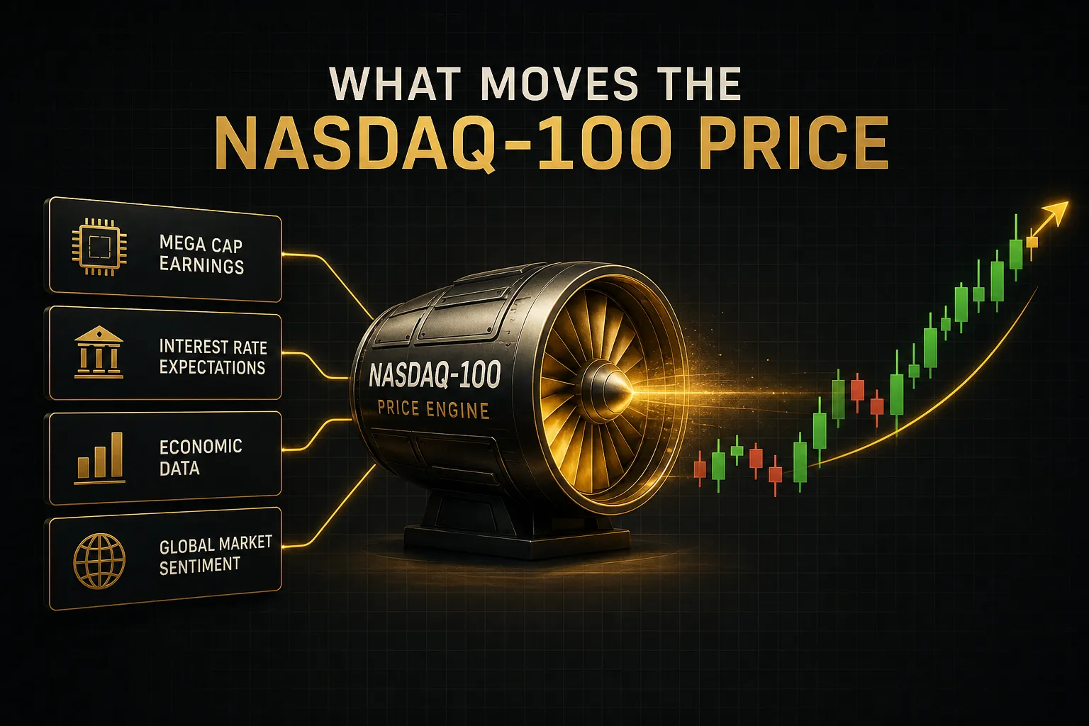 Nasdaq 100 price chart showing key drivers like earnings, interest rates, and tech sector momentum