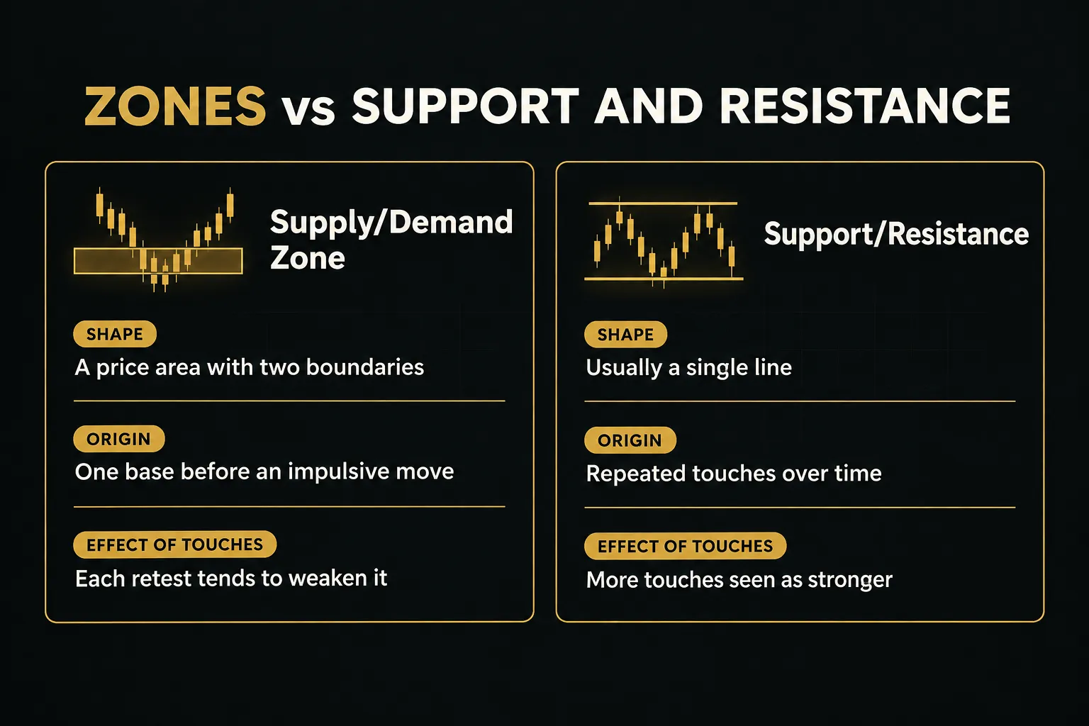 Comparison table, Zones vs Support and Resistance. Shape, Supply/Demand Zone: A price area with two boundaries…