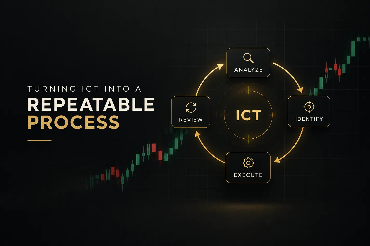 Chart illustrating an ICT trading strategy workflow, highlighting steps to build a repeatable trading process