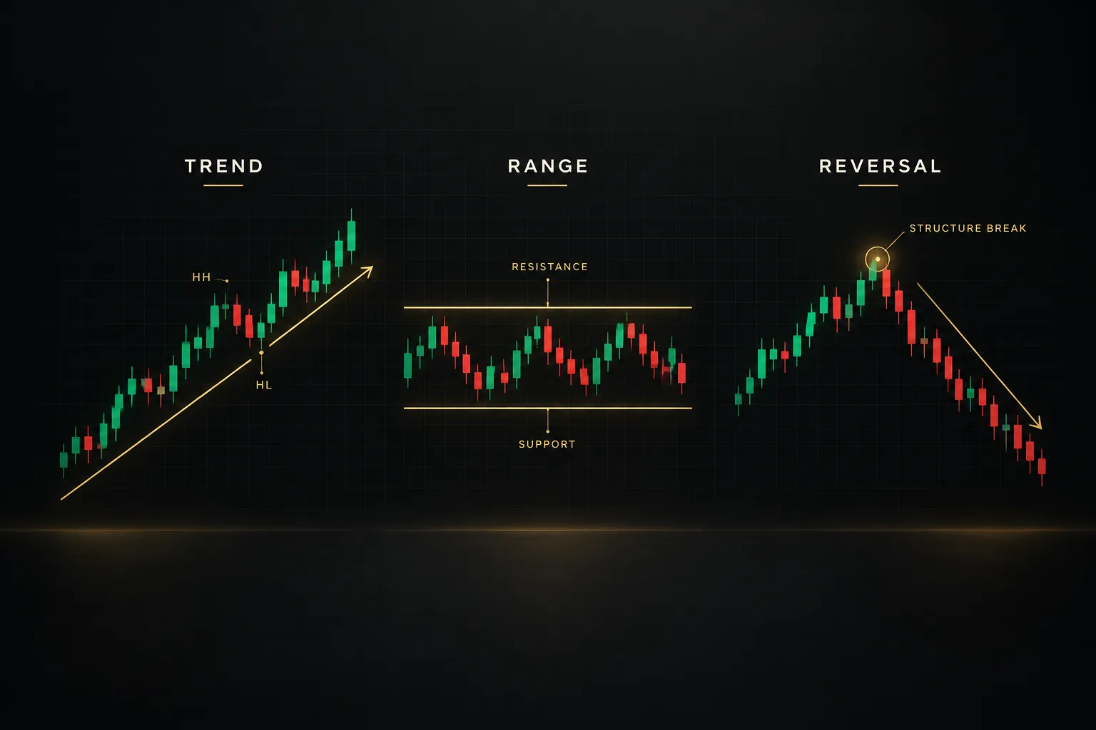 Chart illustrating market structure trading with labeled trends, ranges, and reversal points across price swings