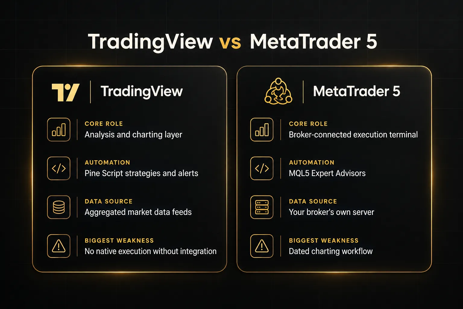 Comparison table, TradingView vs MetaTrader 5. Core role, TradingView: Analysis and charting layer; MetaTrader 5:…