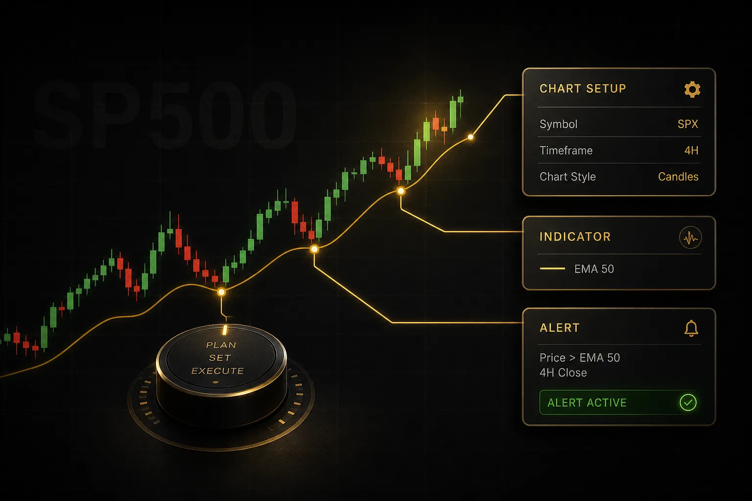 S&P 500 chart on TradingView showing setup of indicators, alerts, and technical drawing tools for market analysis