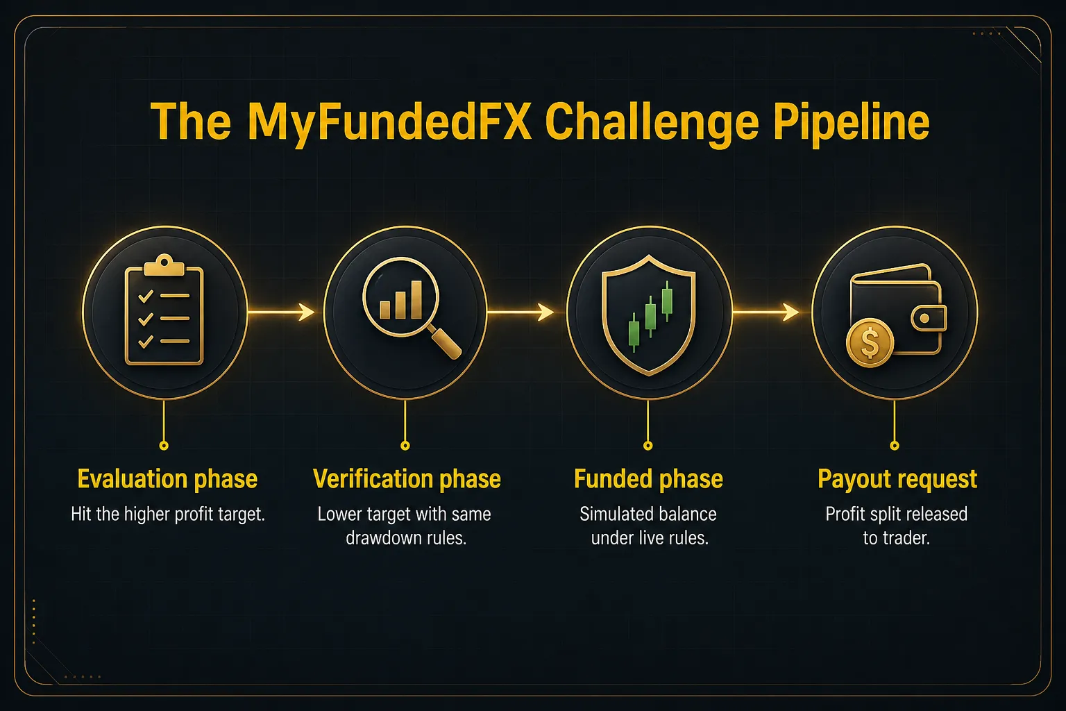 Diagram, The MyFundedFX Challenge Pipeline. Evaluation phase, Hit the higher profit target; Verification phase, Lower target with same drawdown rules; Funded phase, Simulated balance under live rules; Payout request, Profit split released to trader