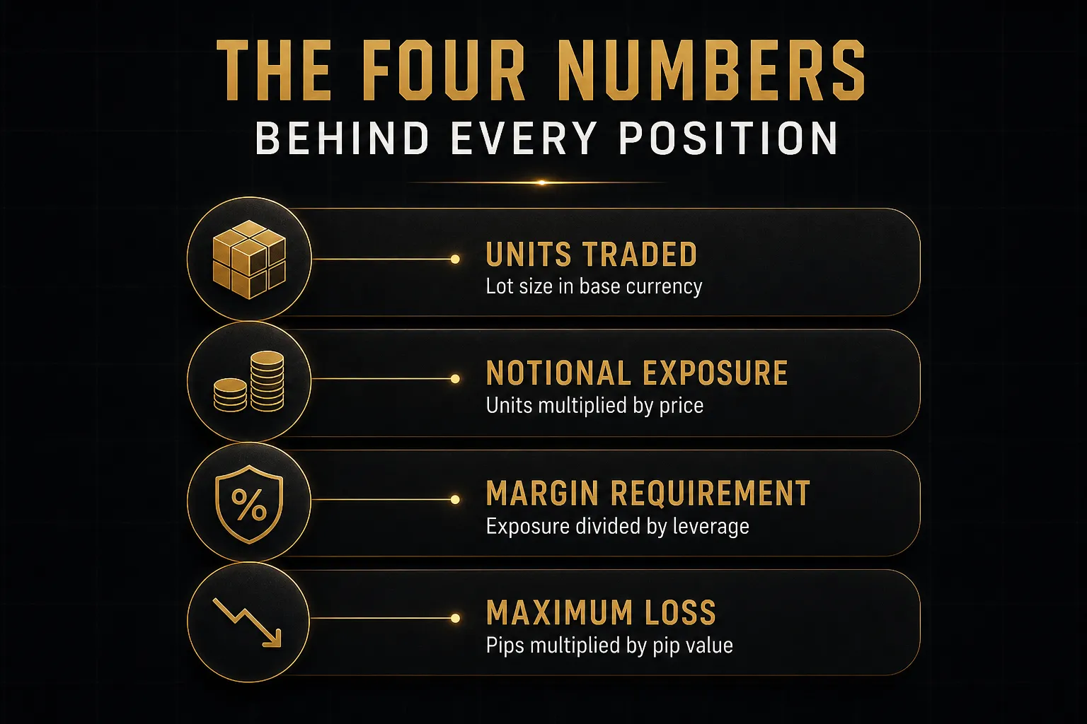 Diagram, The Four Numbers Behind Every Position. Units traded, Lot size in base currency; Notional exposure, Units…