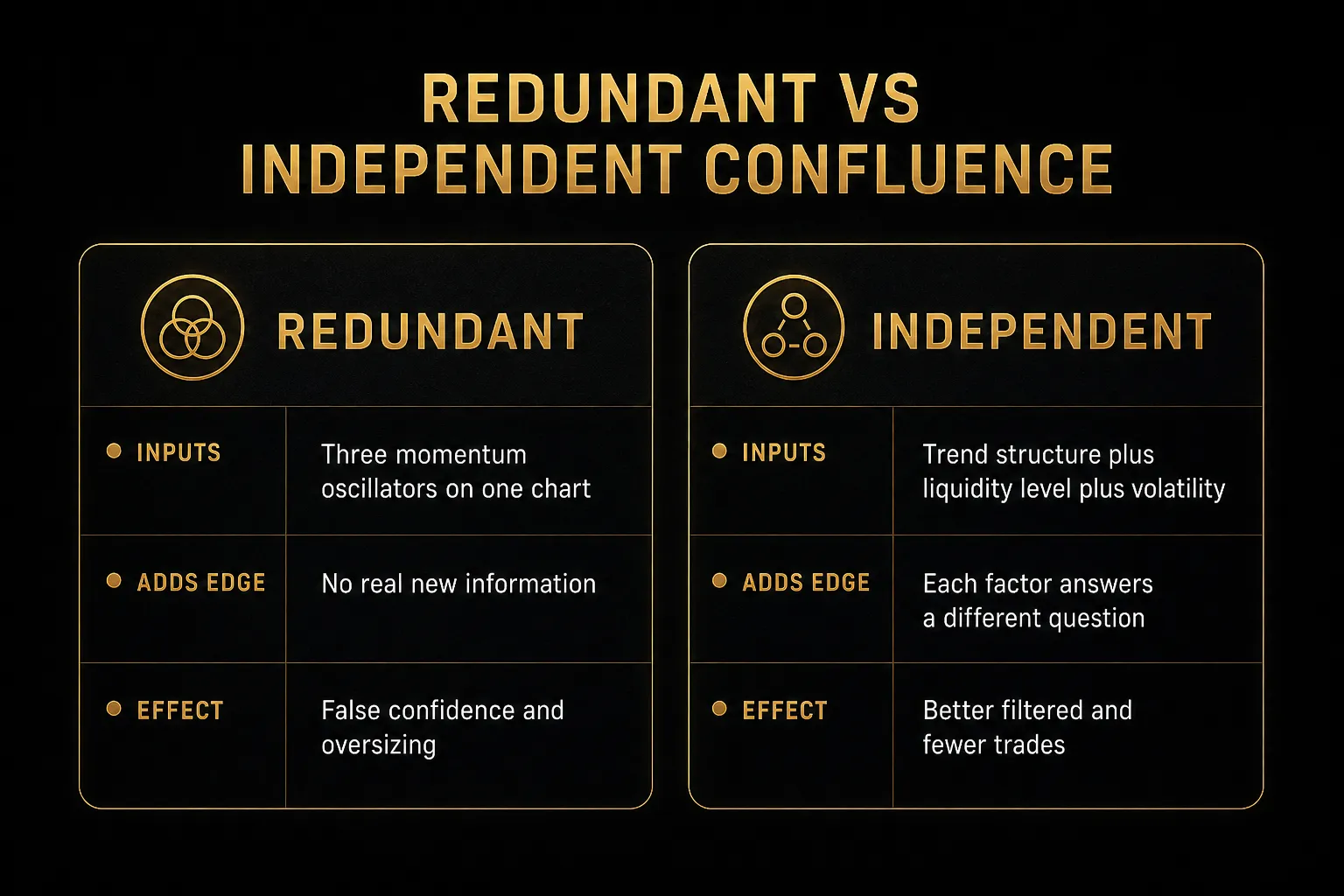 Comparison table, Redundant vs Independent Confluence. Inputs, Redundant: Three momentum oscillators on one chart…