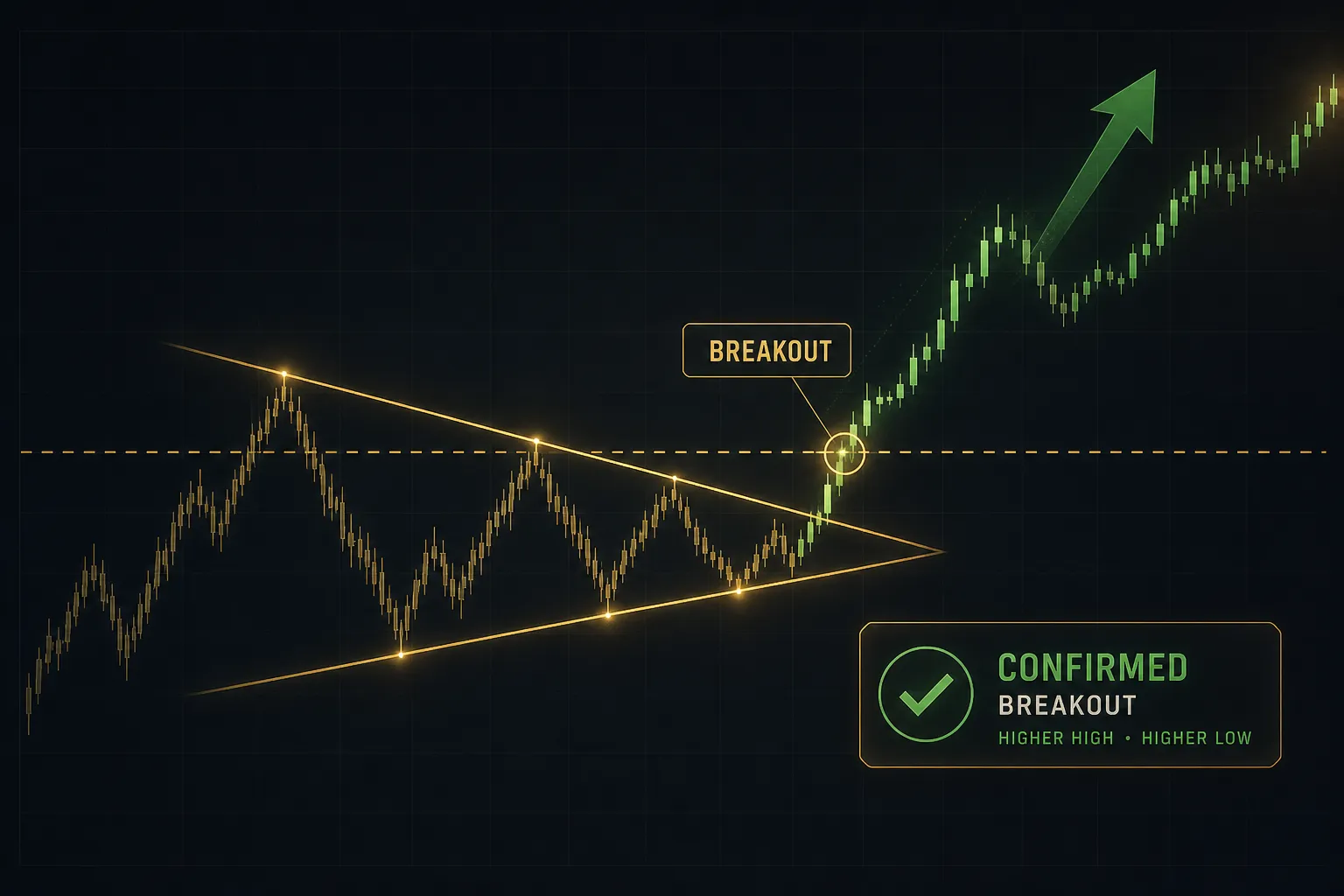 Candlestick trading chart pattern showing price breaking above resistance with rising volume confirming the breakout