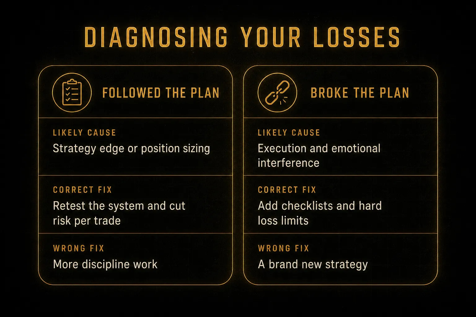 Comparison table, Diagnosing Your Losses. Likely cause, Followed the Plan: Strategy edge or position sizing; Broke the…
