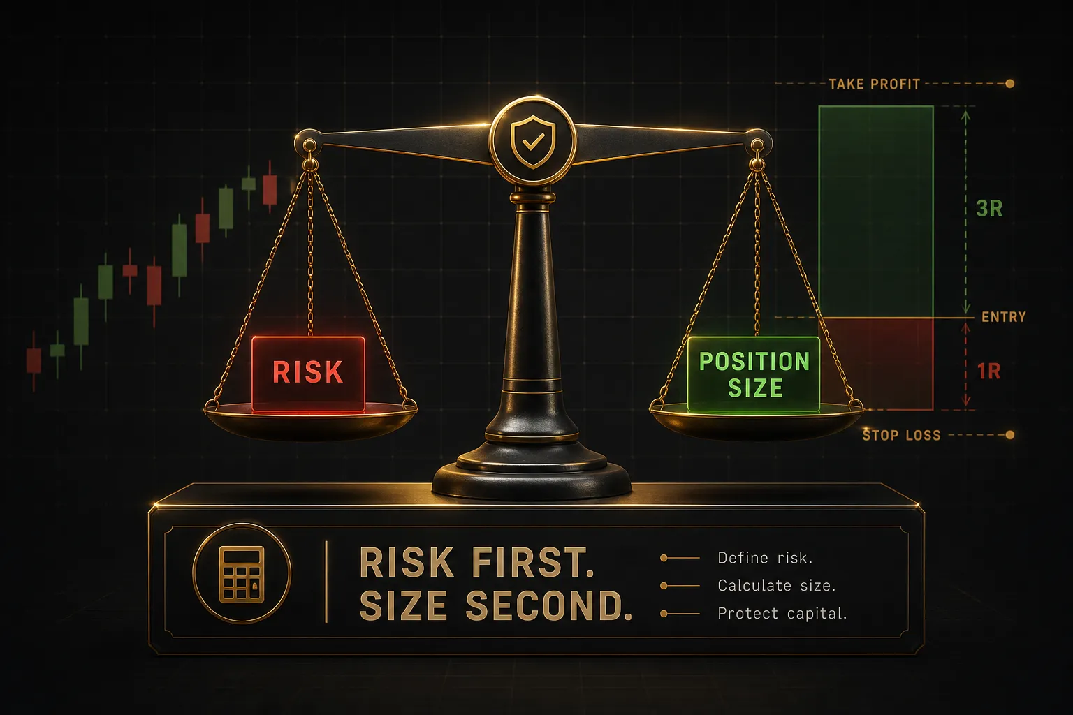 Beginner in trading reviewing order types, risk management rules, and position size calculations on a chart