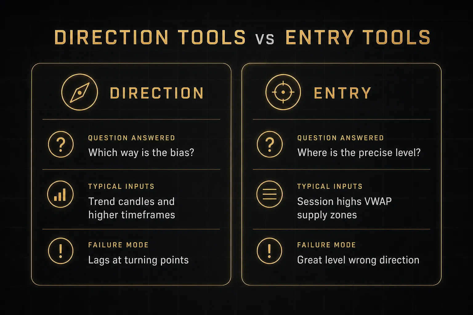 Comparison table, Direction Tools vs Entry Tools. Question answered, Direction: Which way is the bias?; Entry: Where is…