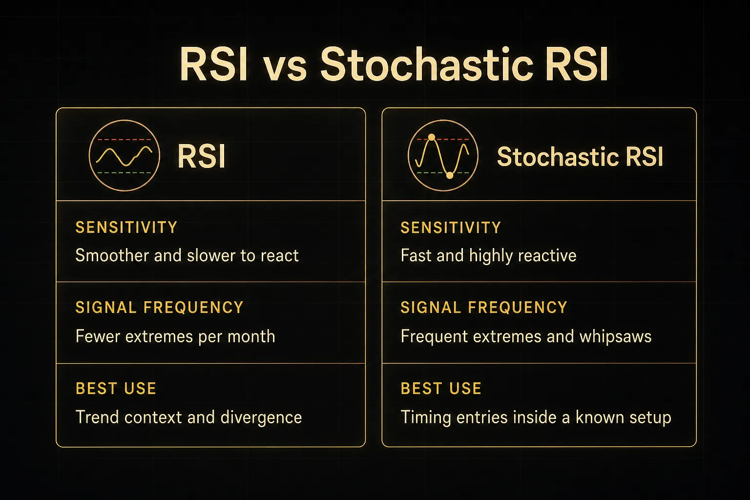 Comparison table, RSI vs Stochastic RSI. Sensitivity, RSI: Smoother and slower to react; Stochastic RSI: Fast and highly…