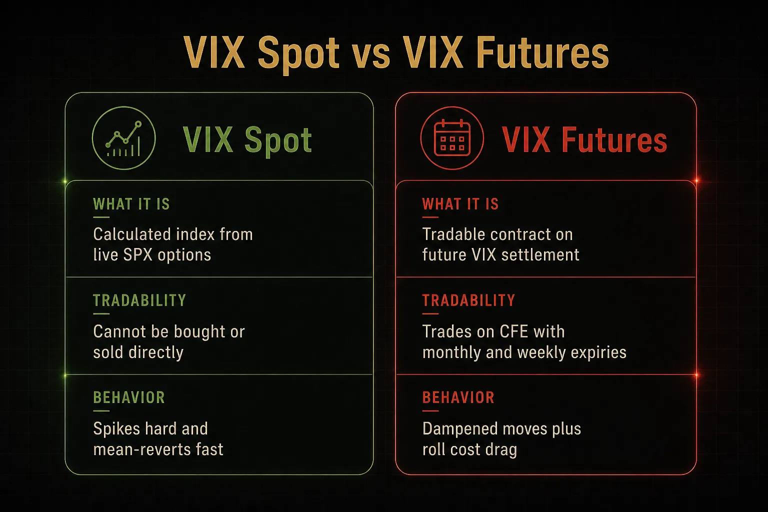 Comparison table, VIX Spot vs VIX Futures. What it is, VIX Spot: Calculated index from live SPX options; VIX Futures:…