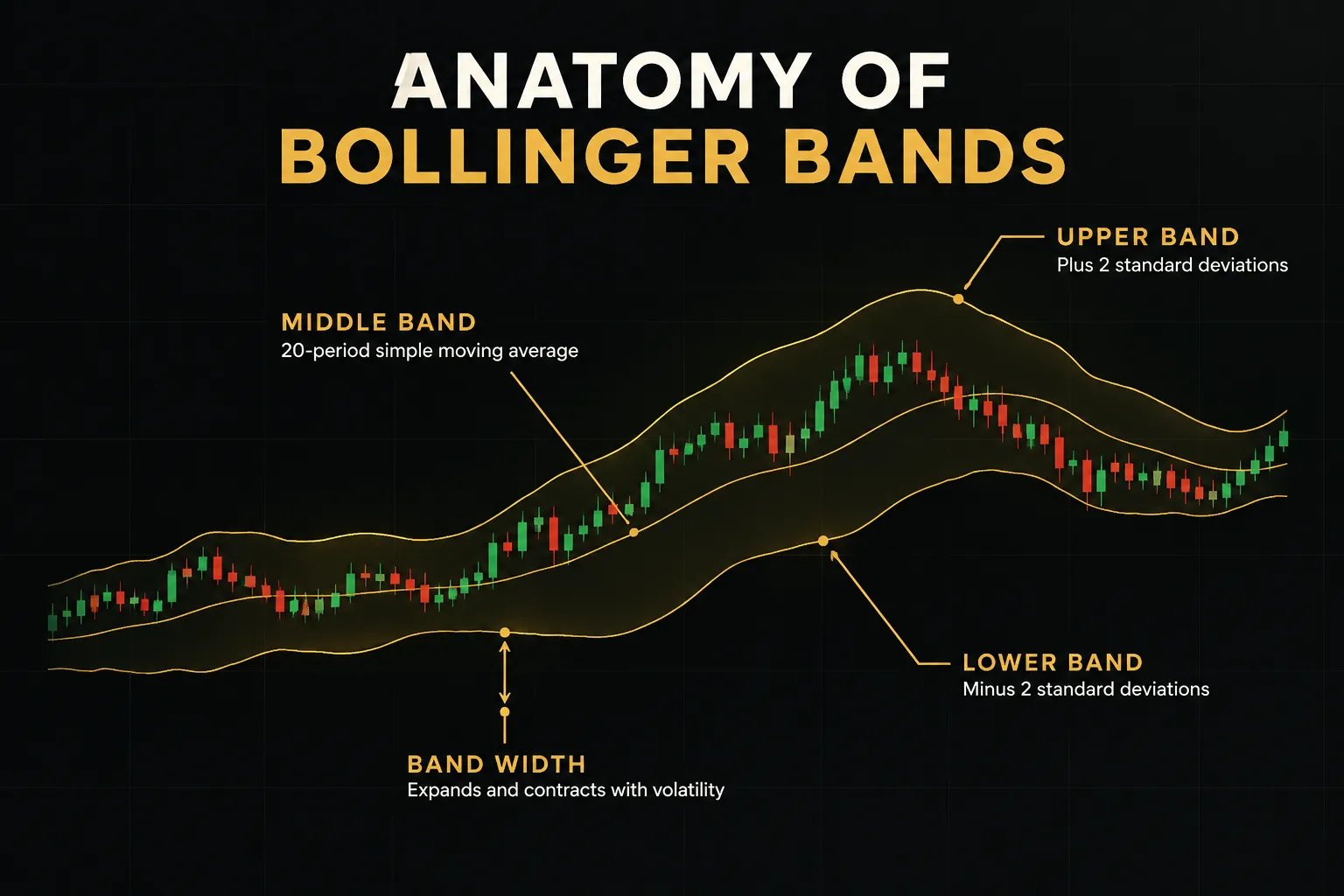 Diagram, Anatomy of Bollinger Bands. Middle band, 20-period simple moving average; Upper band, Plus 2 standard…