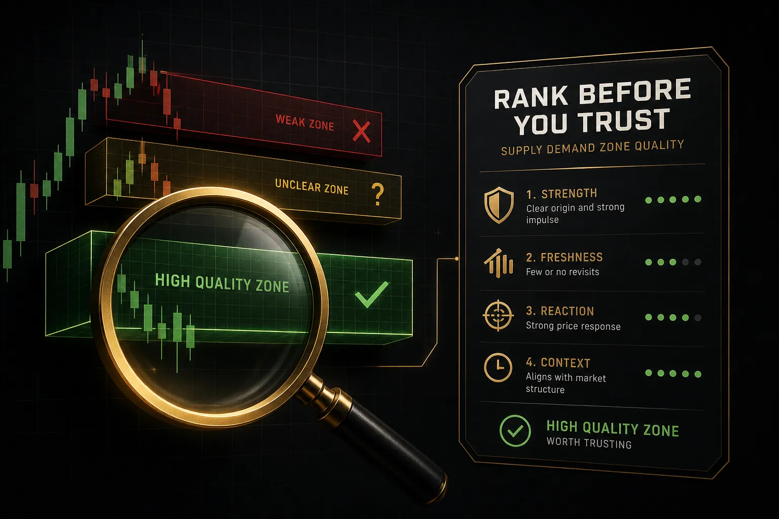 Supply demand indicator highlighting ranked zones by strength to help traders assess quality before trusting a signal