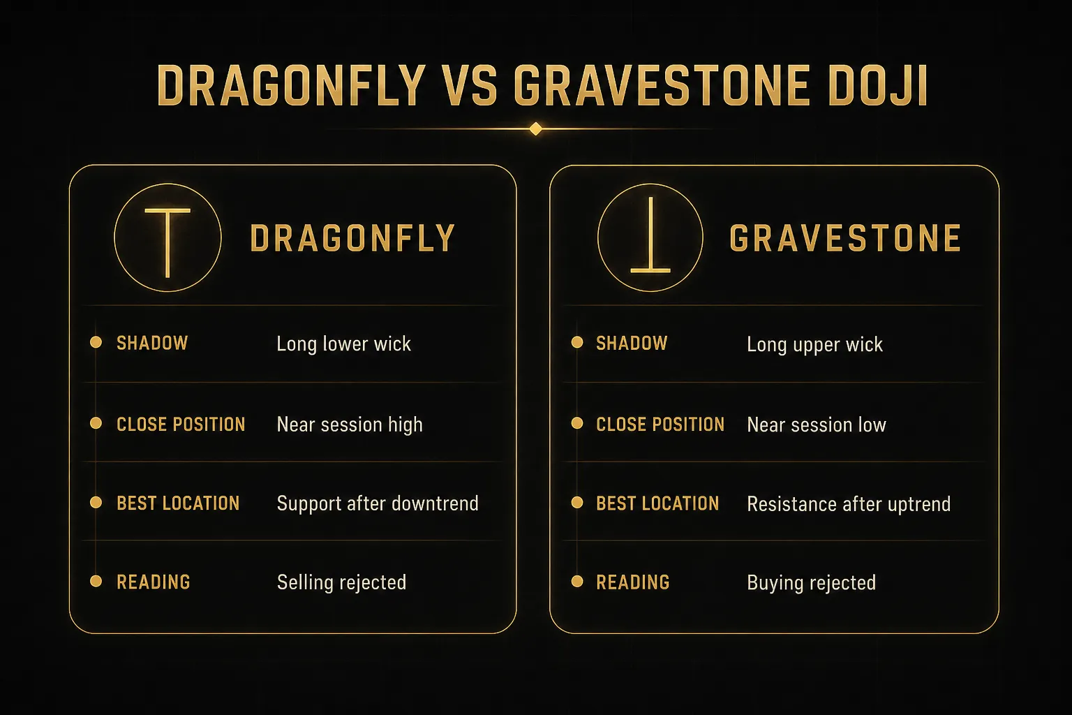 Comparison table, Dragonfly vs Gravestone Doji. Shadow, Dragonfly: Long lower wick; Gravestone: Long upper wick. Close…