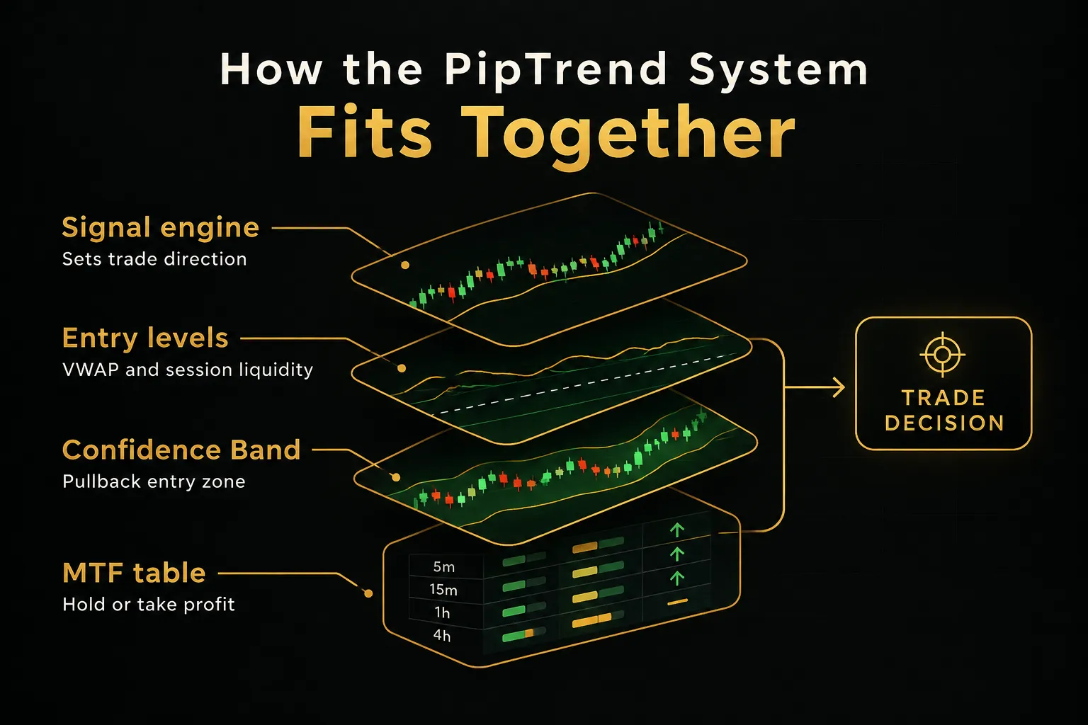 Diagram, How the PipTrend System Fits Together. Signal engine, Sets trade direction; Entry levels, VWAP and session…