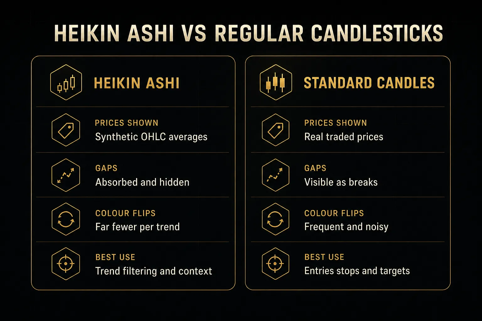 Comparison table, Heikin Ashi vs Regular Candlesticks. Prices shown, Heikin Ashi: Synthetic OHLC averages; Standard…