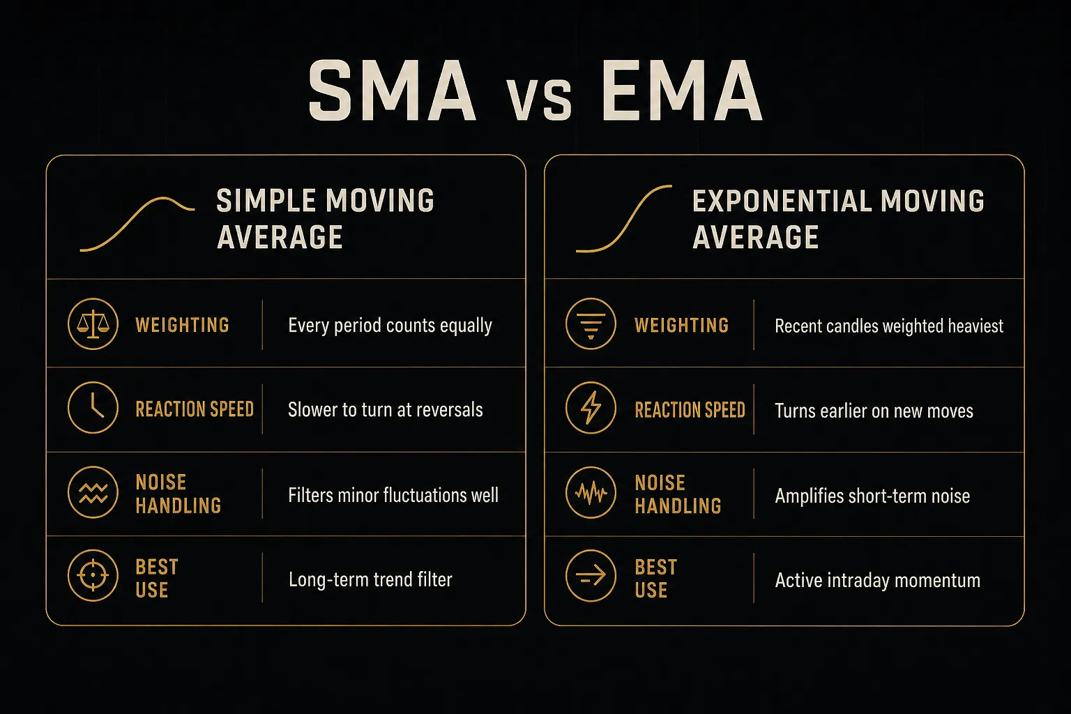 Comparison table, SMA vs EMA. Weighting, Simple Moving Average: Every period counts equally; Exponential Moving Average:…