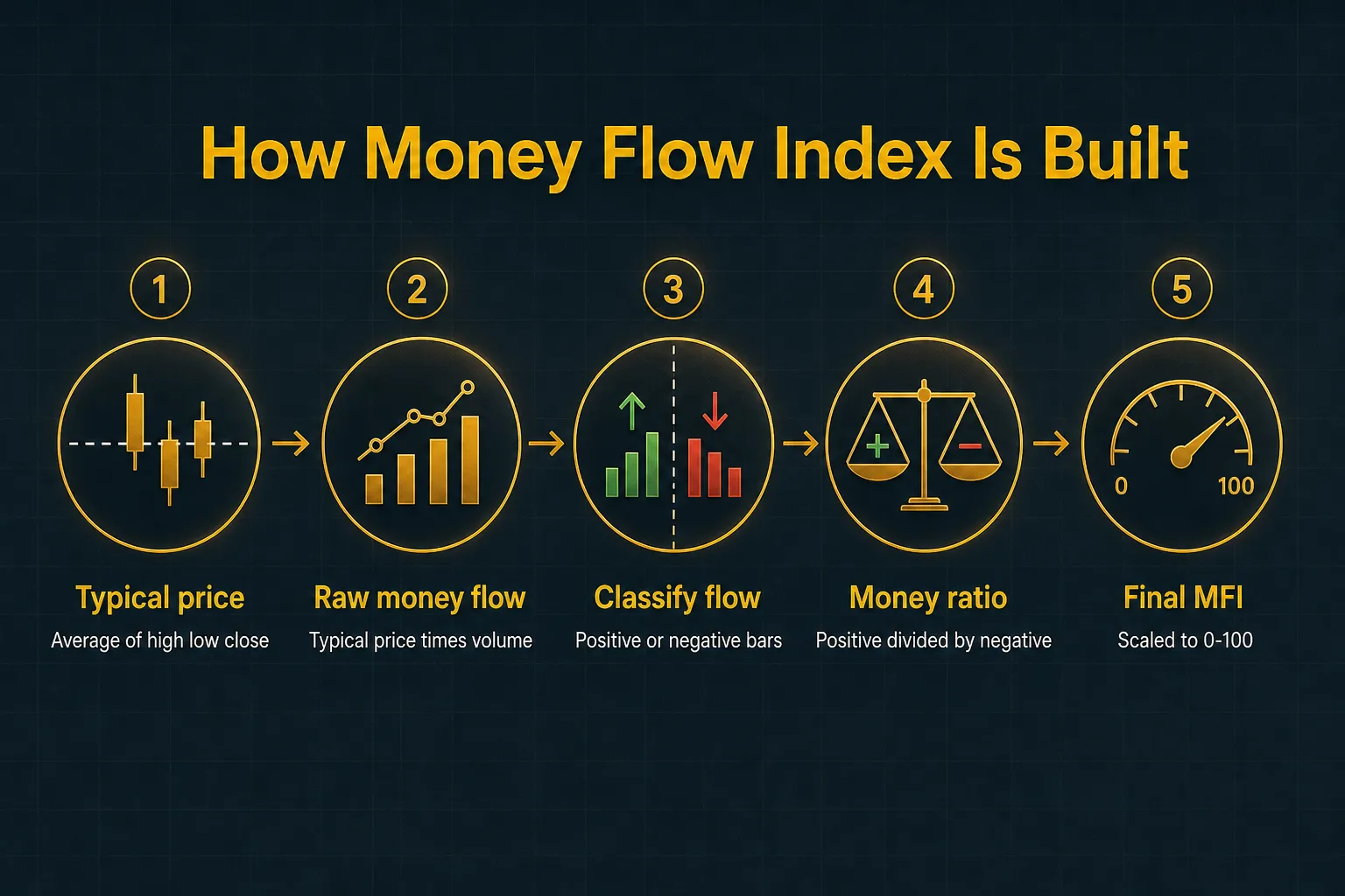 Step-by-step diagram, How Money Flow Index Is Built. 1. Typical price, Average of high low close; 2. Raw money flow, Typical price times volume; 3. Classify flow, Positive or negative bars; 4. Money ratio, Positive divided by negative; 5. Final MFI, Scaled to 0-100