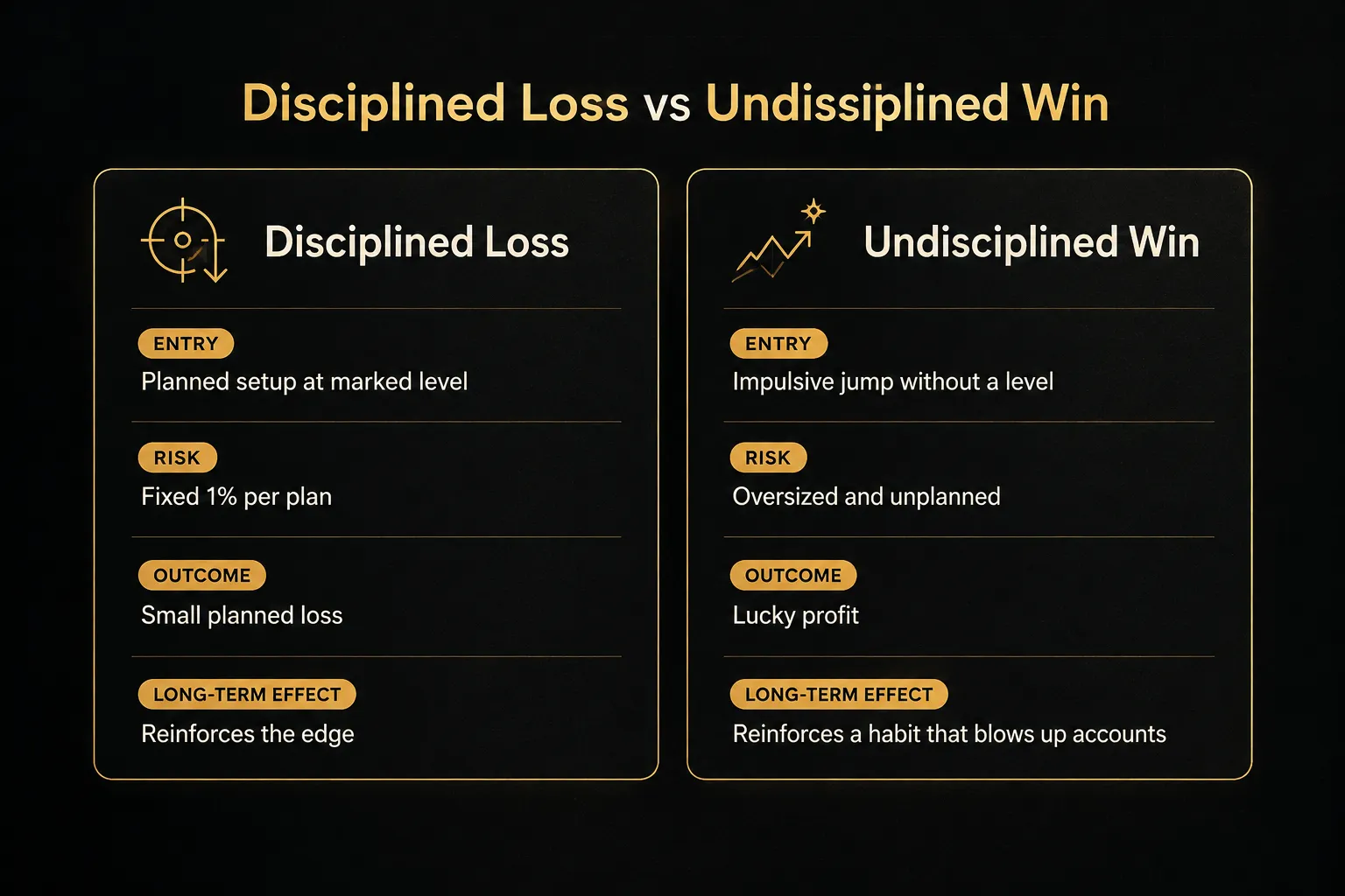 Comparison table, Disciplined Loss vs Undisciplined Win. Entry, Disciplined Loss: Planned setup at marked level…