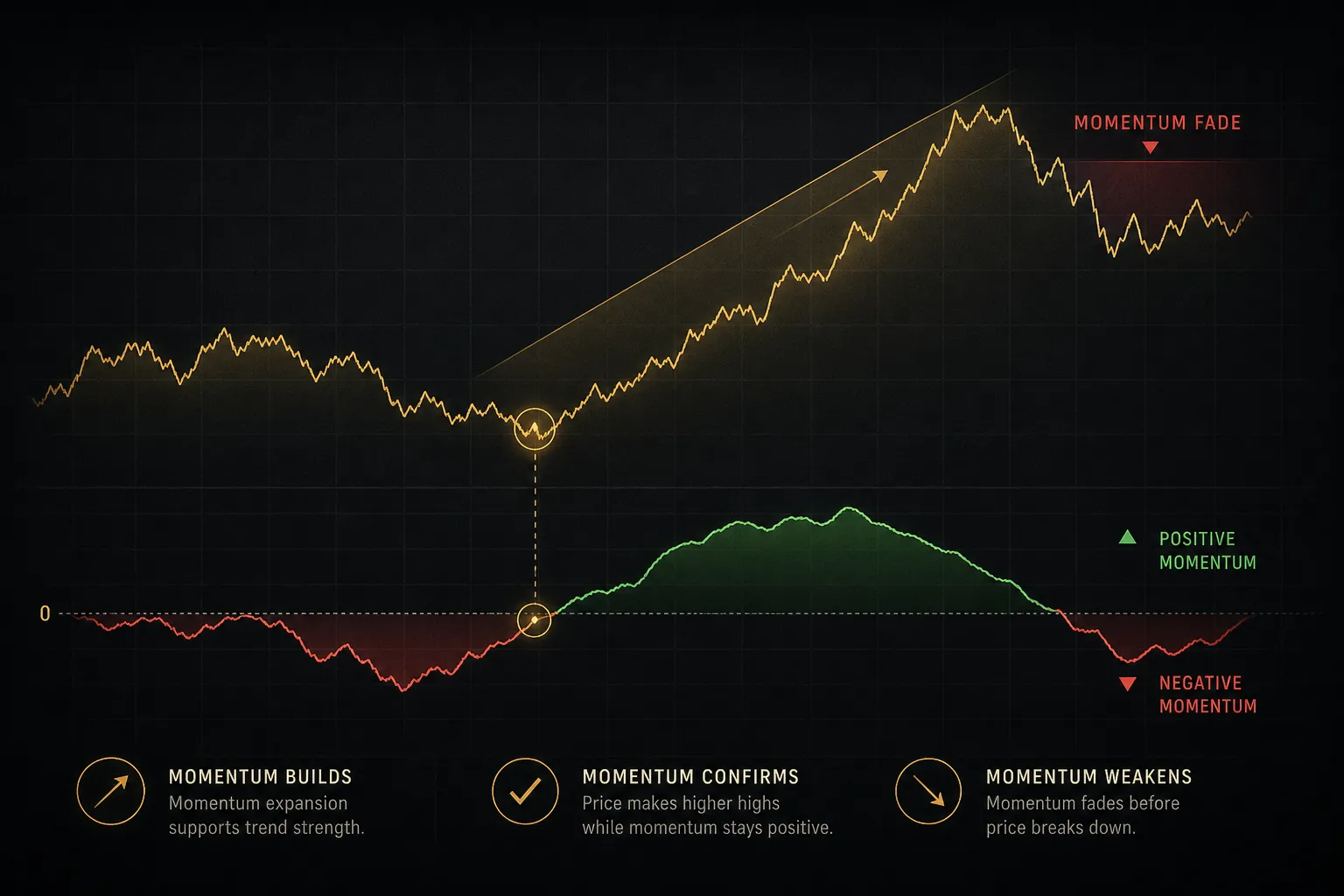 Chart showing momentum indicator readings across shifting price trends to illustrate real market conditions