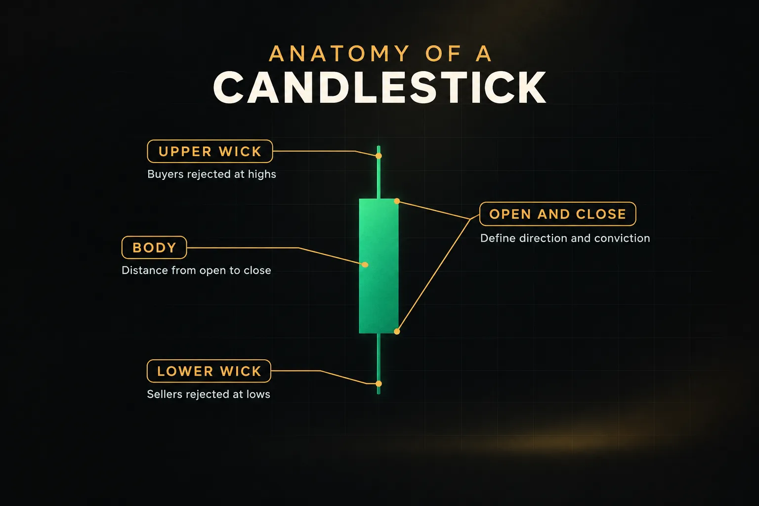Diagram, Anatomy of a Candlestick. Upper wick, Buyers rejected at highs; Body, Distance from open to close; Lower wick…