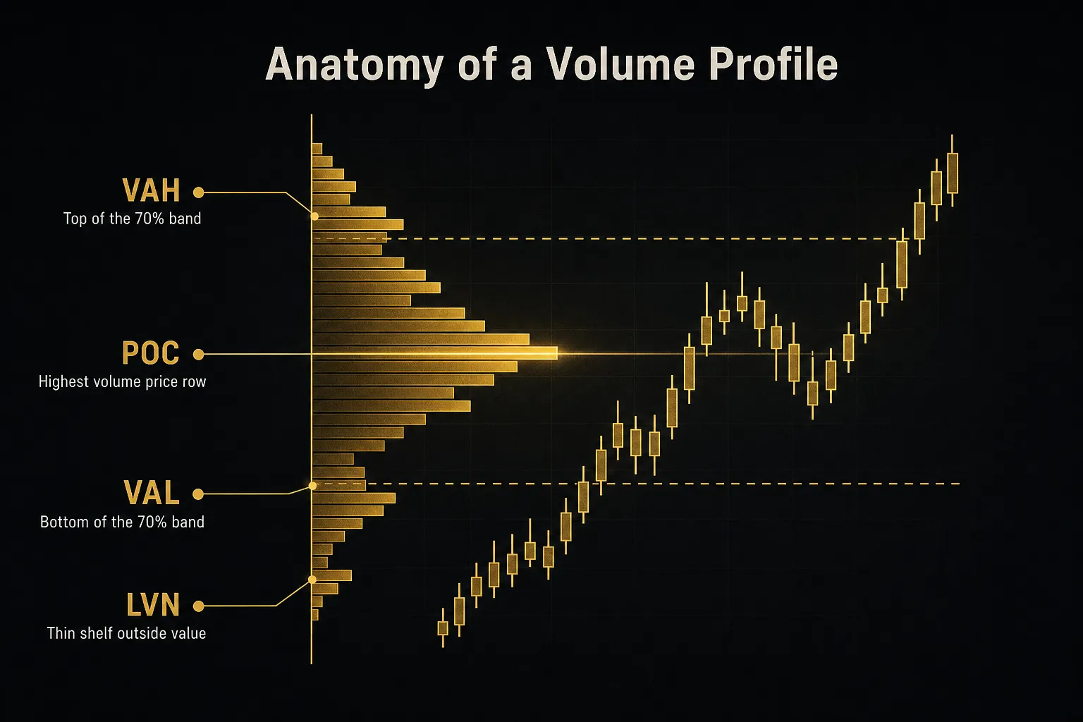 Diagram, Anatomy of a Volume Profile. POC, Highest volume price row; VAH, Top of the 70% band; VAL, Bottom of the 70%…
