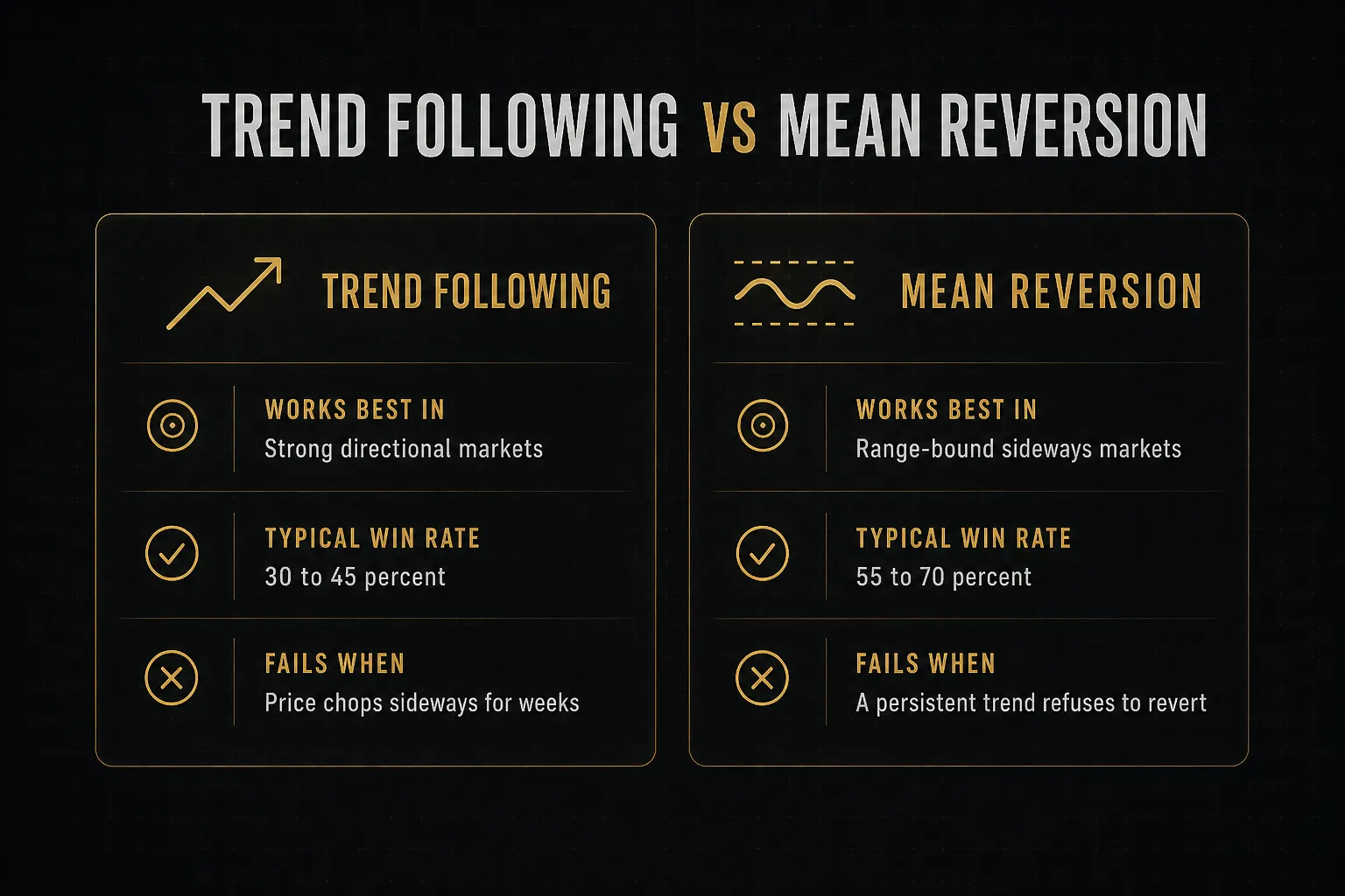 Comparison table, Trend Following vs Mean Reversion. Works best in, Trend Following: Strong directional markets; Mean…