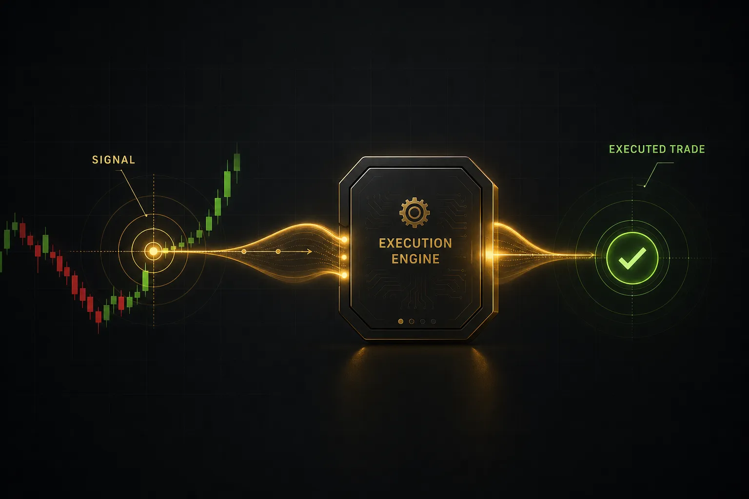Forex trading platform interface showing signal analysis leading to a completed, executed trade order