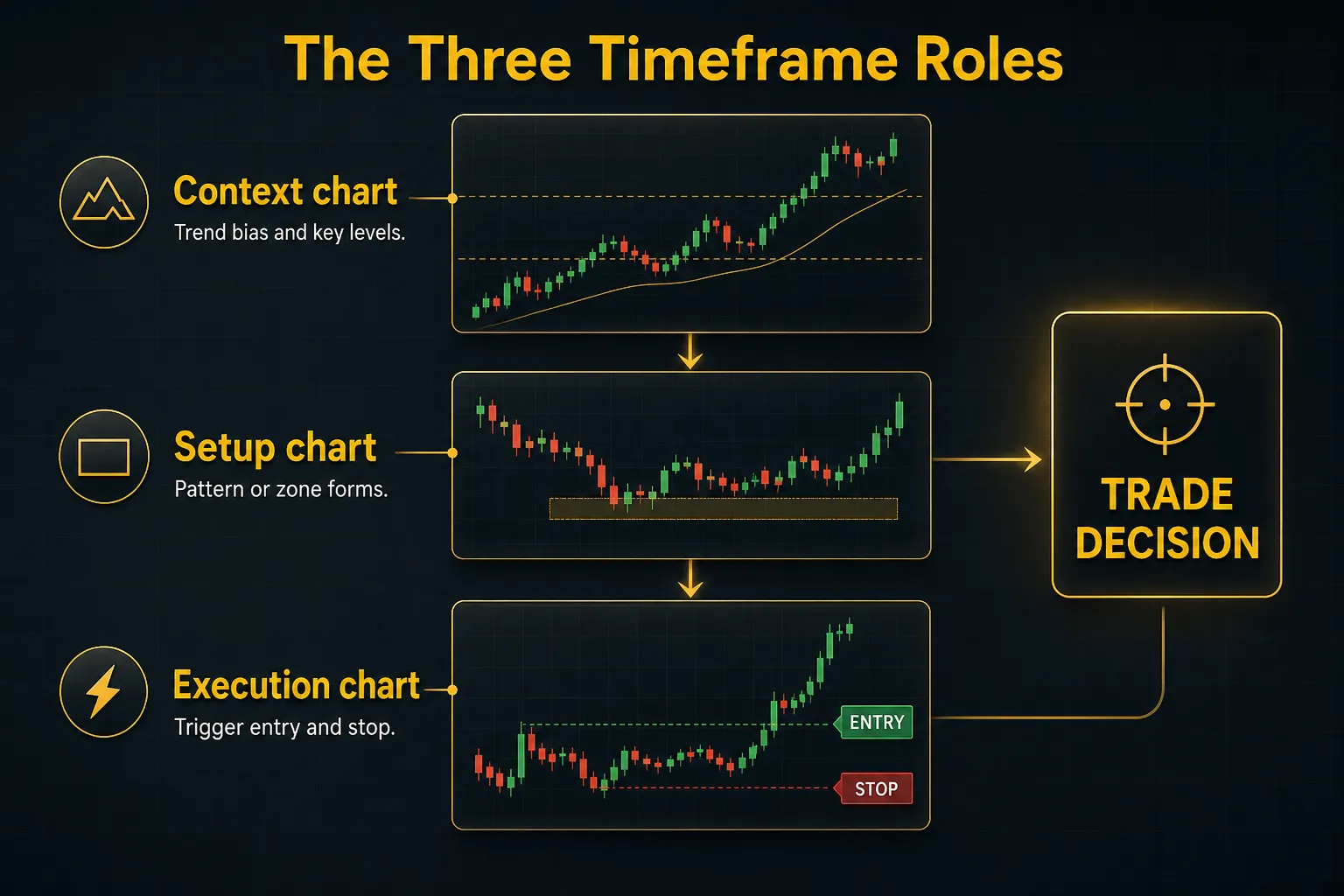 Diagram, The Three Timeframe Roles. Context chart, Trend bias and key levels; Setup chart, Pattern or zone forms; Execution chart, Trigger entry and stop