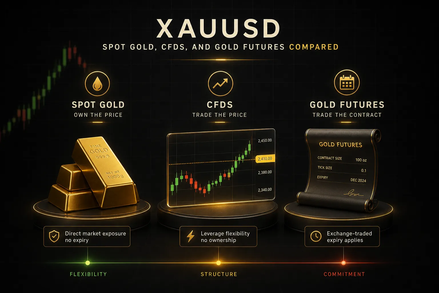 TradingView XAUUSD chart comparing spot gold, CFDs, and gold futures price movements