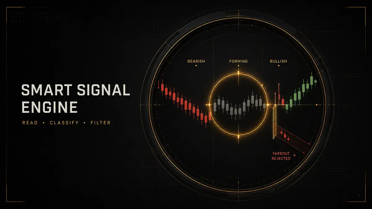PipTrend Smart Signal Engine classifying bearish, forming, and bullish candles while rejecting a market fakeout.